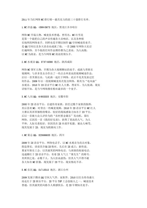 2011年当红网络MC排行榜—最具实力的前三十强排行名单。