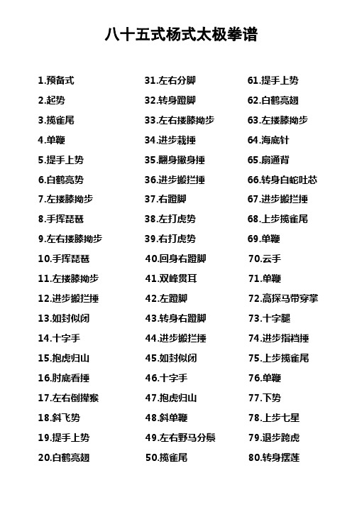 八十五式杨式太极拳谱 1.预备式31.左右分脚61.提手上势 2.起势32.