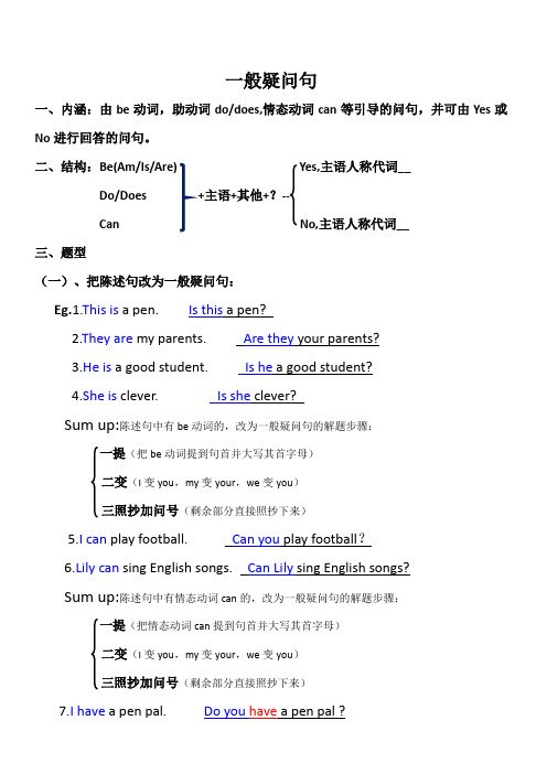 一般疑问句 1,内涵:由be动词,助动词d/des,情态动词can等引导的问句