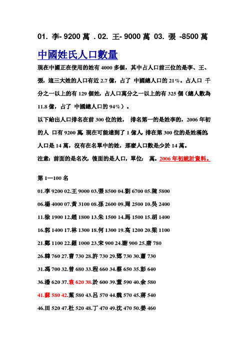张-8500万中国姓氏人口数量 现在中国正在使用的姓有4000多个,其中占