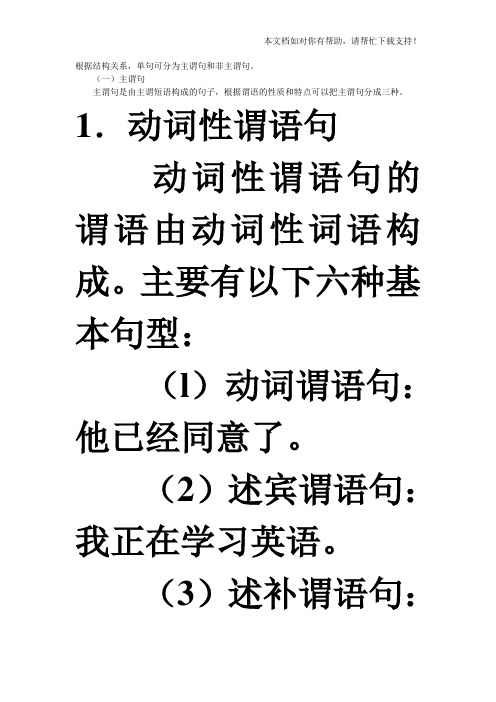 (一)主谓句 主谓句是由主谓短语构成的句子,根据谓语的性质和痰点