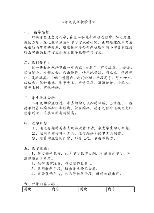 二年级美术教学计划 一, 指导思想: 以新课程理念为指导,在全面实施新