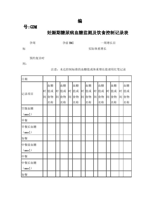 編號:gdm 妊娠期糖尿病血糖監測及飲食控制記錄表 孕周 孕前bmi 一週