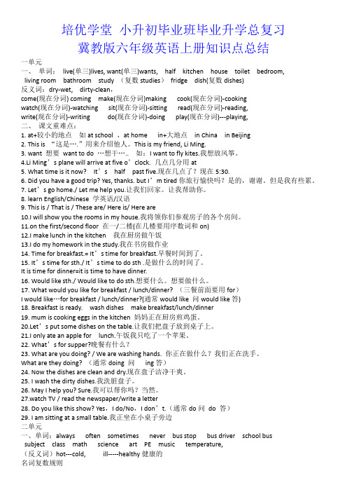 培优学堂 小升初毕业班毕业升学总复习 冀教版六年级英语上册知识点