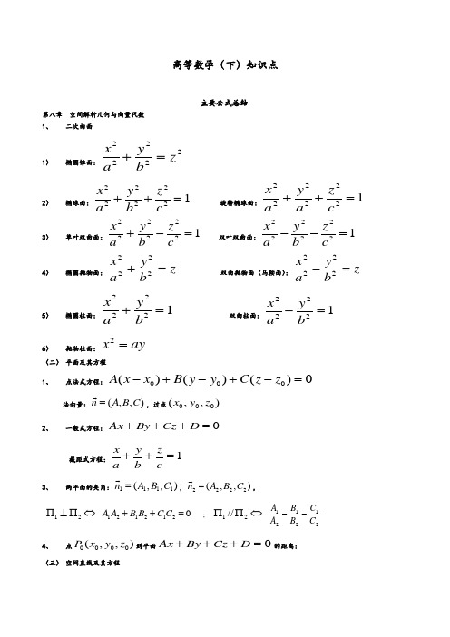 主要公式总结 第八章 空间解析几何与向量代数 1,二次曲面 1)椭圆锥面