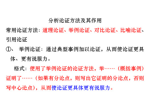 分析论证方法及其作用 常用论证方法:道理论证,举例论证,对比论证