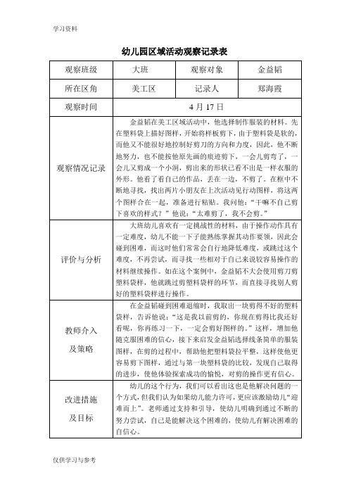 幼儿园区域活动观察记录表 观察班级|大班|观察对象|金益韬| 所在区角