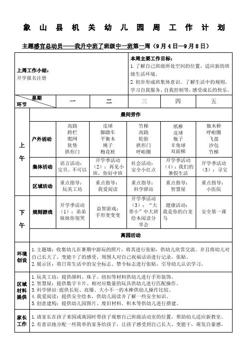象山县机关幼儿园周工作计划 主题感官总动员——我升中班了班级中一
