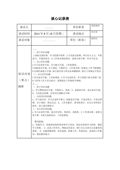 谈心记录表 谈话人|单位职务|党组成员 谈话时间|2014年6月10