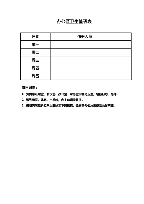 週四|週五|值日職責:1,負責總經理室,會議室,辦公室,財務室的清潔衛生