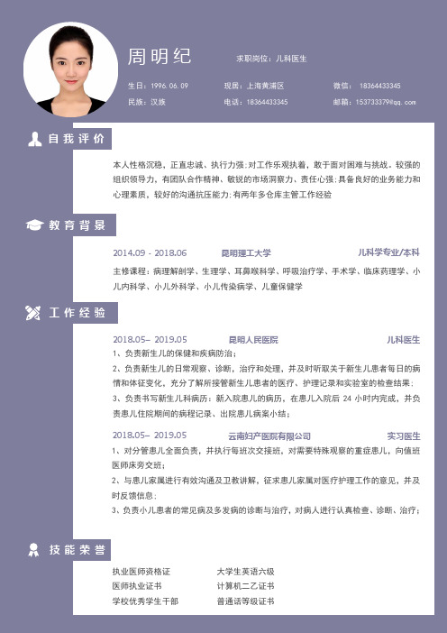 09 民族:汉族 求职岗位:儿科医生 现居:上海黄浦区 电话:18364433345