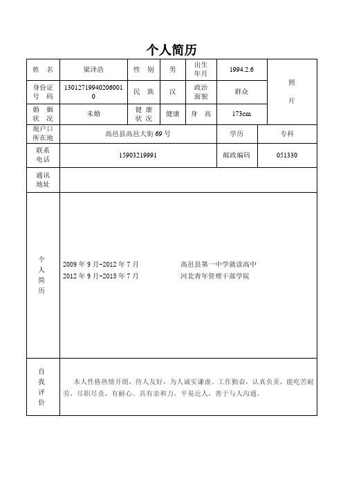 个人简历 姓名|梁泽浩|性别|男|出生|年月|1994.2.