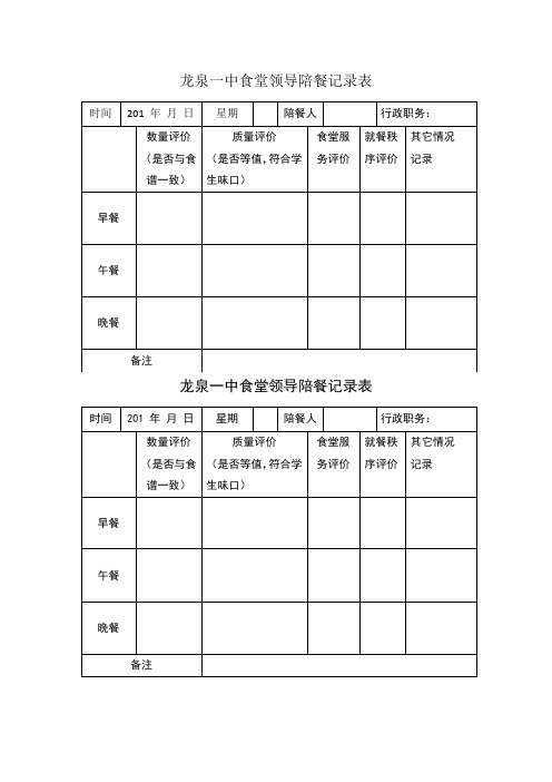 龍泉一中食堂領導陪餐記錄表 時間|201 年月日|星期 |陪餐人|行政職務