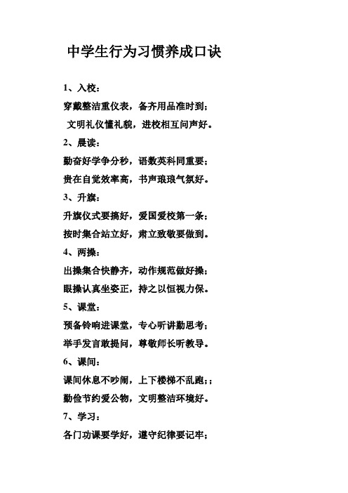 养成口诀 1,入校:穿戴整洁重仪表,备齐用品准时到; 文明礼仪懂礼貌,进