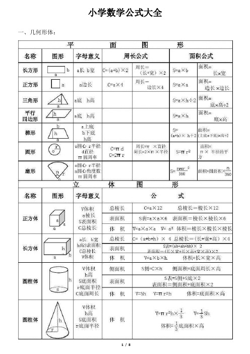 小学数学公式大全 一,几何形体: 二,单位换算: 三,数量关系:1,每份数