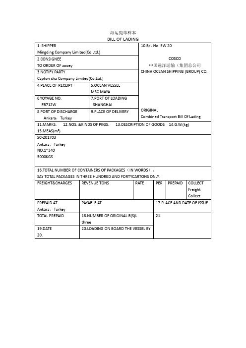 海运提单样本 bill of lading 1.shipper|mingding cmpany limited(c.