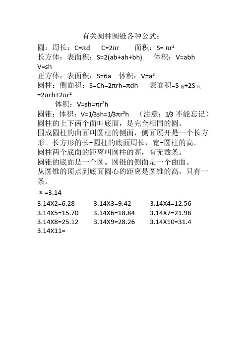 有关圆柱圆锥各种公式 圆:周长:c=πd c=2πr面积:s πr2长方体:表