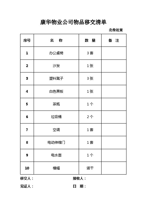 康華物業公司物品移交清單 北傳達室 序號|名稱|數量|備註| 1|辦公