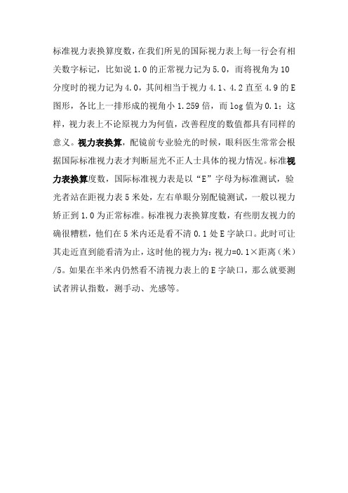 标准视力表换算度数,在我们所见的国际视力表上每一行会有相关数字