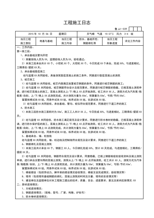 工程施工日誌 2015年 10 月 06 日 星期日 |天氣晴 氣溫 15-27℃ 風力