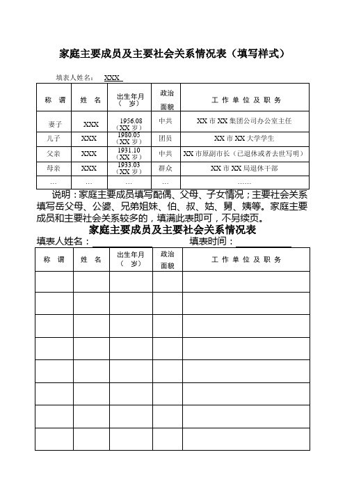 家庭主要成员及主要社会关系情况表(填写样式 填表人姓名:xxx螈称 谓