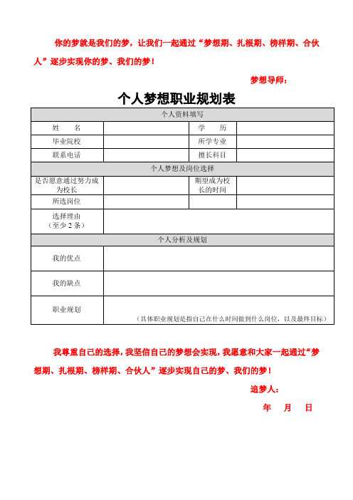 梦想导师: 个人梦想职业规划表 个人资料填写| 姓名|学历|毕业院＃