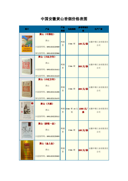 中国安徽黄山香烟价格表图 图片|产品|产品类型|包装规格|参考零售