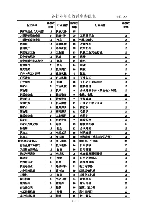 各行业基准收益率参照表