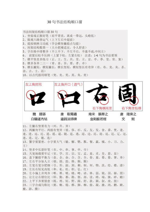 30句书法结构顺口溜 书法间架结构顺口溜30句 1,坐姿端正握好笔(肩平
