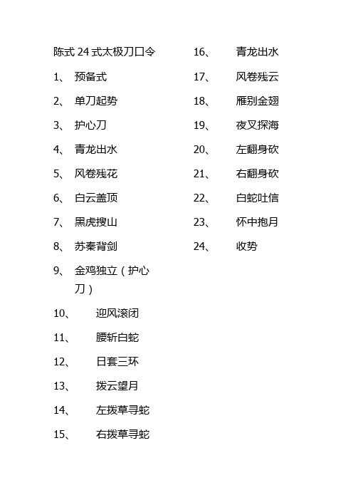 陈式24式太极刀口令 1,预备式 2,单刀起势 3,护心刀 4,青龙出水 5,风