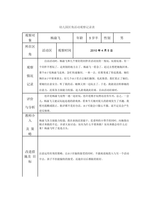 幼兒園區角活動觀察記錄表|觀察對象|楊渝飛|年齡|5歲半|性別|男