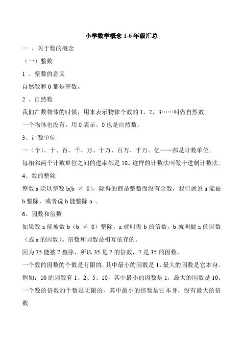 小学数学概念1-6年级汇总 一,关于数的概念 (一)整数 1,整数的意义