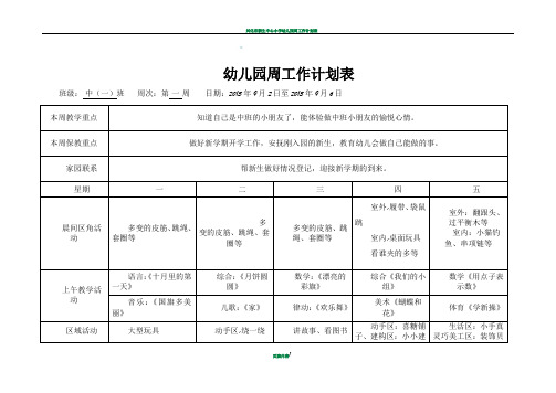 幼兒園周工作計劃表 班級:中(一)班 周次:第一週 日期:2013年9月2日至