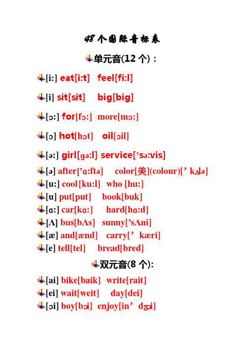 48个国际音标表 单元音(12个): [i:]eat[i:t]feel[fi:l] [i]sit[sit]