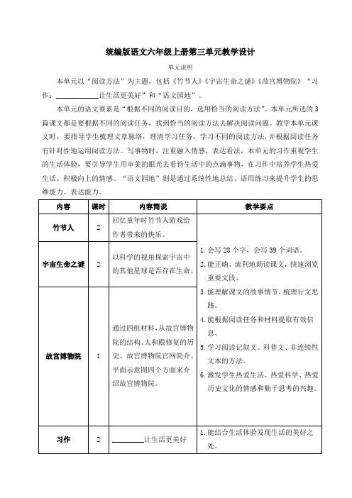 统编版语文六年级上册第三单元教学设计 单元说明 本单元以"阅读方法"