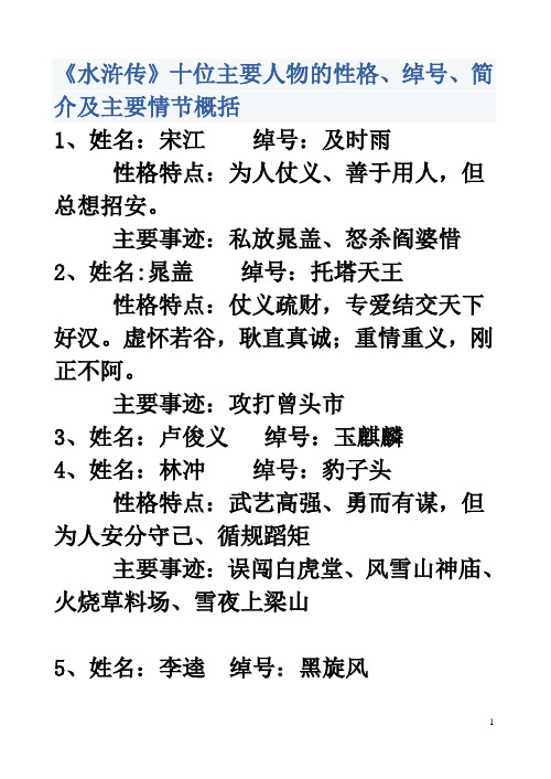 《水滸傳》十位主要人物的性格,綽號,簡介及主要情節概括1,姓名:宋江