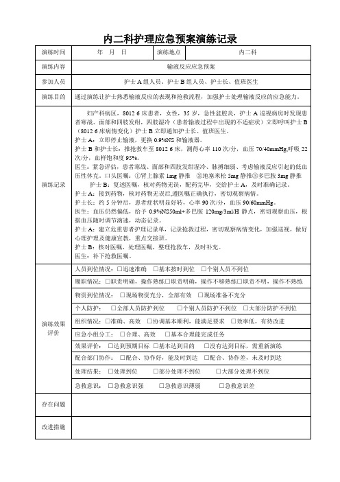 内二科护理应急预案演练记录 演练时间|年月日|演练地点|内二科| 演练