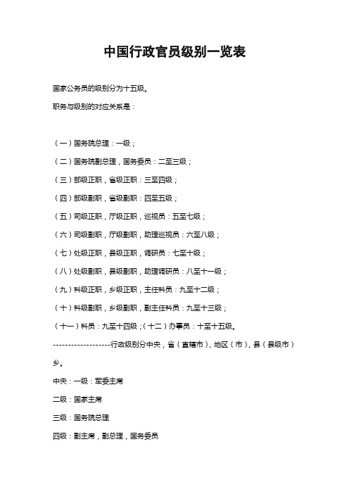 科级处级厅级等级排列一览表