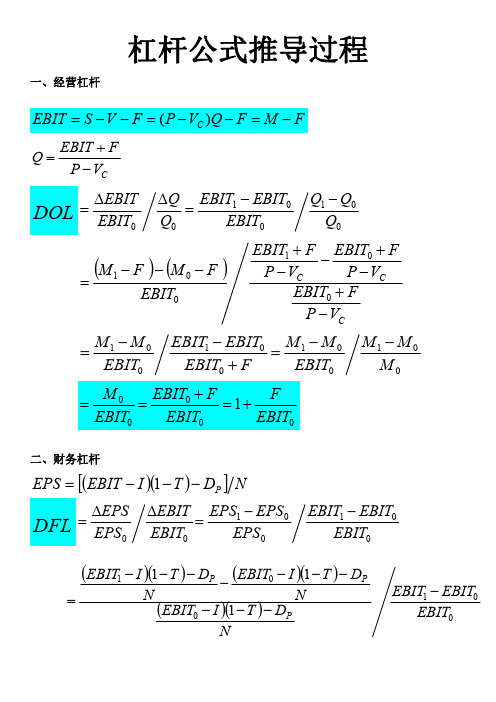 杠杆公式推导过程 一,经营杠杆 ebit s v f ( p vc )q f m f q ebit f