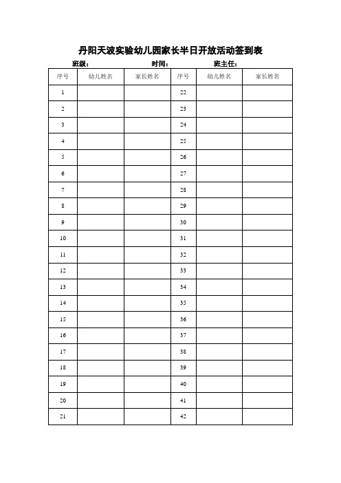 丹陽天波實驗幼兒園家長半日開放活動簽到表 班級:時間:班主任: 序號