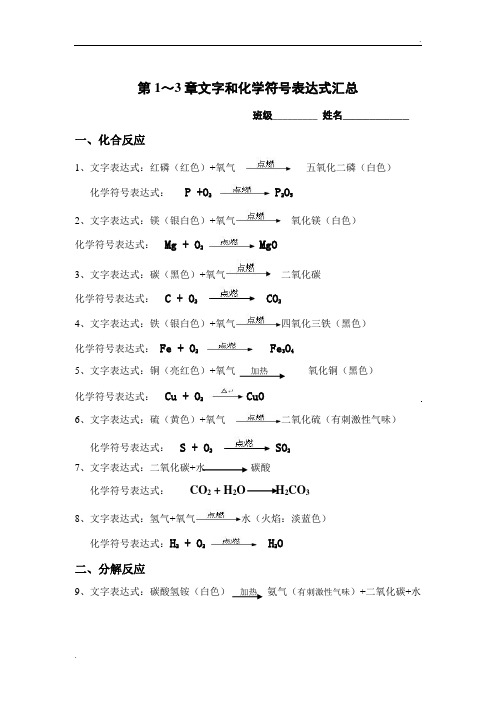 第1～3章文字和化学符号表达式汇总 班级__姓名__ 一,化合反应 1,文字