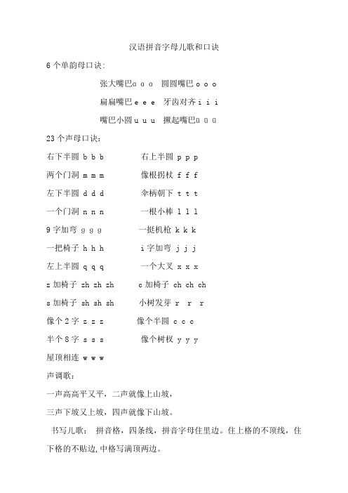 汉语拼音字母儿歌和口诀 6个单韵母口诀: 张大嘴巴ɑ ɑɑ 圆圆嘴巴