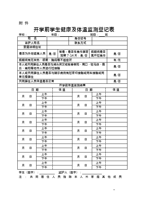 附件 开学前学生健康及体温监测登记表 学校:年级:班级:班姓名|身份证