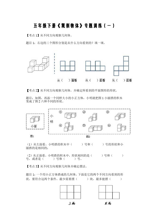 五年级下册《观察物体》专题训练(一) 【考点1】从不同方向观察几何体