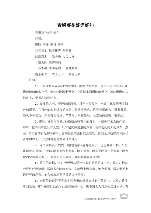 青铜葵花好词好句好词:朦胧 浩瀚 颤抖 牵引月光似水 默不作声 飘飘然