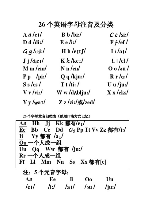 26個英語字母注音及分類 aa/e/b b/bi:/cc/si:/d d/di:/e e/i:/ff/ef