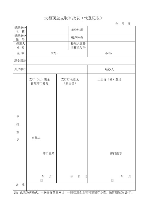 大額現金支取審批表(代登記表) 年月日 提現單位|名稱|單位性質|提現