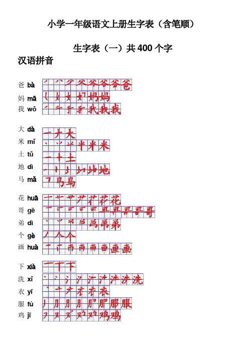 小学一年级语文上册生字表(含笔顺) 生字表(一)共400个字 汉语拼音 爸