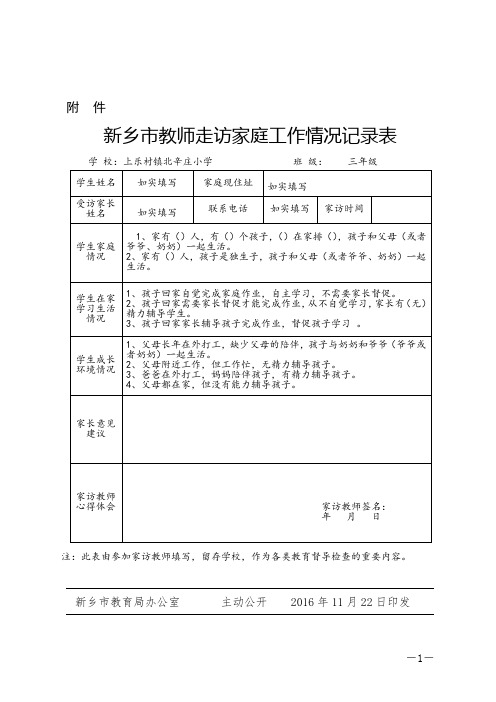 附件 新乡市教师走访家庭工作情况记录表 学校:上乐村镇北辛庄小学