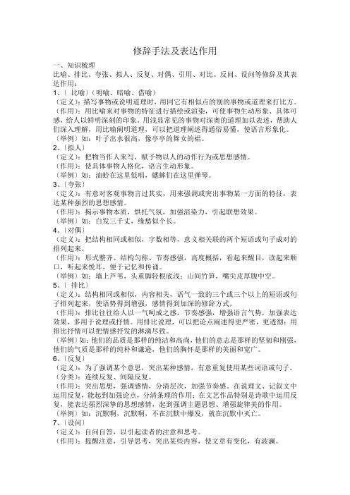 修辭手法及表達作用 一,知識梳理比喻,排比,誇張,擬人,反覆,對偶,引用